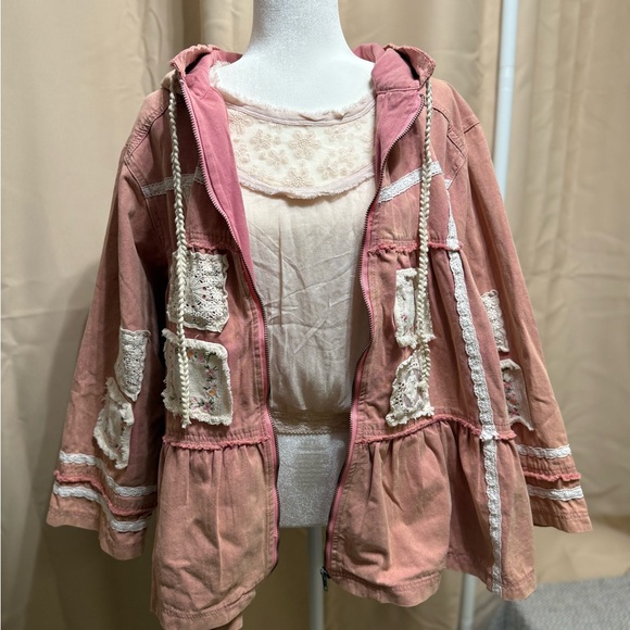 NWOT - POL Pink Distressed Denim Patchwork Jacket with Lace - Picture 7 of 13